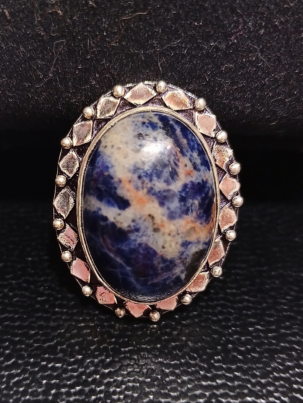 Blue and Cream Natural Sodalite Stone Stamped .925 BOHO Statement Ring Sz 8